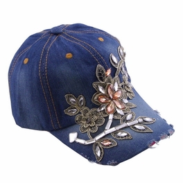 Blancho Bedding Blancho Women Fashion Floral Design Rhinestone Bling Adjustable Baseball Cap Blue Wash Denim Jean