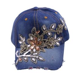 blancho bedding Blancho Women Fashion Floral Design Rhinestone Bling Adjustable Baseball Cap Blue Wash Denim Jean