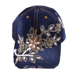 blancho bedding Blancho Women Fashion Floral Design Rhinestone Bling Adjustable Baseball Cap Dark Wash Denim Jean