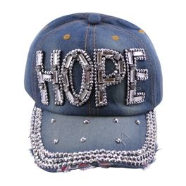 blancho bedding Blancho Women Fashion HOPE Rhinestone Studded Bling Adjustable Baseball Cap Denim Jean