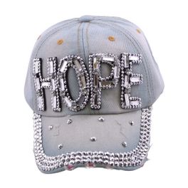 blancho bedding Blancho Women Fashion HOPE Rhinestone Studded Bling Adjustable Baseball Cap Light Wash Denim Jean