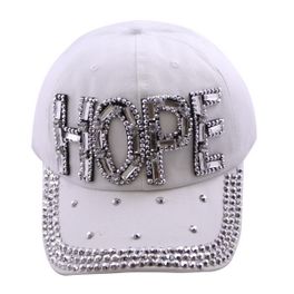 blancho bedding Blancho Women Fashion HOPE Rhinestone Studded Bling Adjustable Baseball Cap White