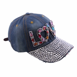 Blancho Bedding Blancho Women Fashion LOVE Rhinestone Studded Bling Adjustable Baseball Cap Denim Jean