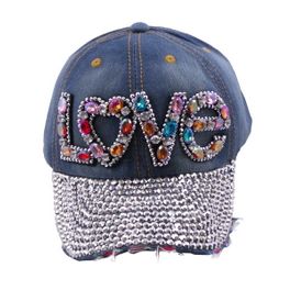 blancho bedding Blancho Women Fashion LOVE Rhinestone Studded Bling Adjustable Baseball Cap Denim Jean