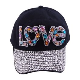 blancho bedding Blancho Women Fashion LOVE Rhinestone Studded Bling Adjustable Baseball Cap Black
