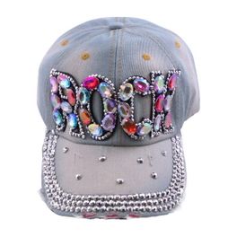blancho bedding Blancho Women Fashion ROCK Rhinestone Studded Bling Adjustable Baseball Cap Light Wash Denim Jean