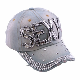 Blancho Bedding Blancho Women Fashion SEXY Rhinestone Studded Bling Adjustable Baseball Cap Light Wash Denim Jean