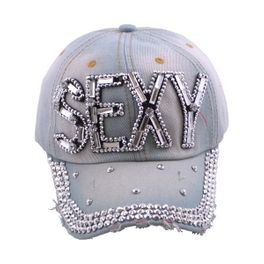 blancho bedding Blancho Women Fashion SEXY Rhinestone Studded Bling Adjustable Baseball Cap Light Wash Denim Jean