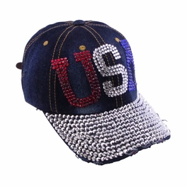 Blancho Bedding Blancho Women Fashion USA Rhinestone Studded Bling Adjustable Baseball Cap Dark Wash Denim Jean
