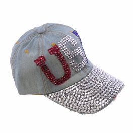 Blancho Bedding Blancho Women Fashion USA Rhinestone Studded Bling Adjustable Baseball Cap Light Wash Denim Jean