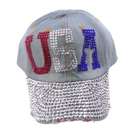 blancho bedding Blancho Women Fashion USA Rhinestone Studded Bling Adjustable Baseball Cap Light Wash Denim Jean