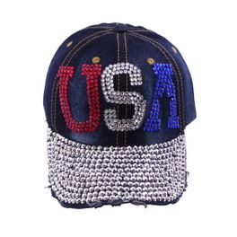 blancho bedding Blancho Women Fashion USA Rhinestone Studded Bling Adjustable Baseball Cap Dark Wash Denim Jean