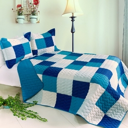 blancho bedding [Blue Crystal] 3PC Vermicelli-Quilted Patchwork Quilt Set (Full/Queen Size)