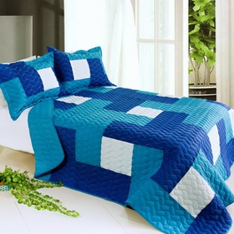 blancho bedding [Blue Hour] 3PC Vermicelli-Quilted Patchwork Quilt Set (Full/Queen Size)