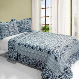 blancho bedding [Blue Impression] 3PC Cotton Vermicelli-Quilted Printed Quilt Set (Full/Queen Size)