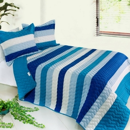 blancho bedding [Blue Sky] 3PC Vermicelli-Quilted Striped Quilt Set (Full/Queen Size)