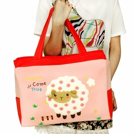 Blancho Bedding [Cute Sheep] Embroidered Applique Fabric Art Shoulder Tote Bag / Shopper Bag (14.7*9.8*3.7)