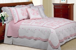 blancho bedding [Daisy Field] 100% Cotton 3PC Floral Vermicelli-Quilted Embroidered Patchwork Quilt Set (Full/Queen Size)