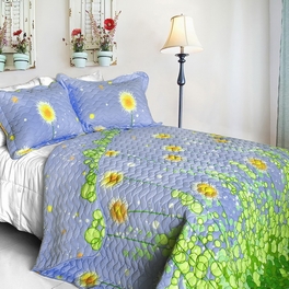 Blancho Bedding [Dandelion Dancing Night] Cotton 3PC Floral Vermicelli-Quilted Patchwork Quilt Set (King Size)
