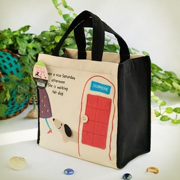Blancho Bedding [Dog At Phone Booth] Embroidered Applique Fabric Art Lunch Tote / Lunch Box Bag (8.7*8*4.4)