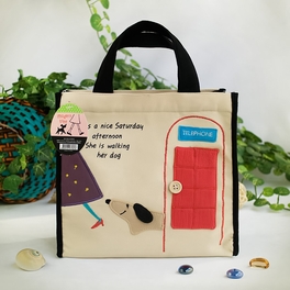blancho bedding [Dog At Phone Booth] Embroidered Applique Fabric Art Lunch Tote / Lunch Box Bag (8.7*8*4.4)