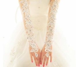 Blancho Bedding Elegant Wedding Gloves Bride Bridal Party Dress Lace Long Gloves Beads(Beige)