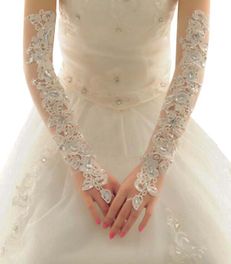 blancho bedding Elegant Wedding Gloves Bride Bridal Party Dress Lace Long Gloves Beads(Beige)