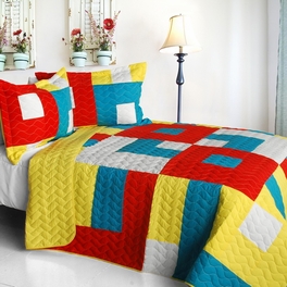 blancho bedding [Flying Chess] 3PC Vermicelli-Quilted Patchwork Quilt Set (Full/Queen Size)