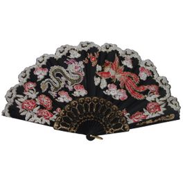 blancho bedding Foldable Raw Silk Printing Folding Fan 3801-BIRD-DRAGON-BLACK-2PC