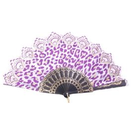 blancho bedding Foldable Raw Silk Printing Folding Fan 3802-GOLDEN-LEOPARPD-PURPLE-2PC