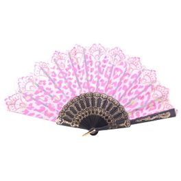 blancho bedding Foldable Raw Silk Printing Folding Fan 3802-GOLDEN-LEOPARPD-PINK-2PC