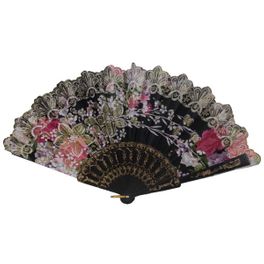 blancho bedding Foldable Raw Silk Printing Folding Fan 3807BLK-GOLDRUSH-FLOWER-BLACK-2PC