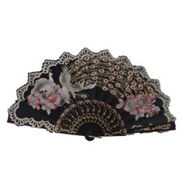 blancho bedding Foldable Raw Silk Printing Folding Fan BLK22-PEACOCK2-BLACK-RED-2PC