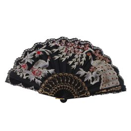 blancho bedding Foldable Raw Silk Printing Folding Fan BLK22-PEACOCK1-BLACK-RED-2PC