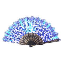 blancho bedding Foldable Raw Silk Printing Folding Fan FS027-METALIC-BLUE-2PC