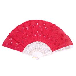blancho bedding Foldable Raw Silk Printing Folding Fan LG-306-SEQUIN-RED-2PC