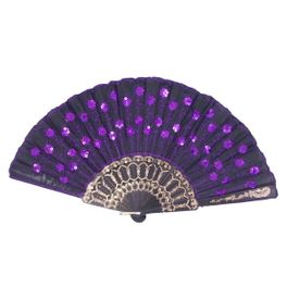 blancho bedding Foldable Raw Silk Printing Folding Fan LGBLK-306-SEQUIN-PURPLE-2PC
