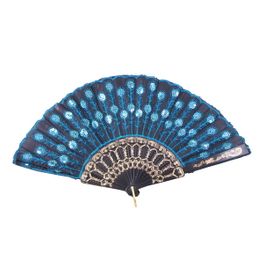 blancho bedding Foldable Raw Silk Printing Folding Fan W-367-SEQUIN-FLOWER-AQUA-2PC