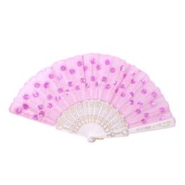 blancho bedding Foldable Raw Silk Printing Folding Fan W-367-SEQUIN-FLOWER-PINK-2PC