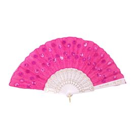 blancho bedding Foldable Raw Silk Printing Folding Fan W-367-SEQUIN-FLOWER-FUSHIA-2PC