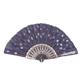 blancho bedding Foldable Raw Silk Printing Folding Fan W-367-SEQUIN-FLOWER-BLACK-2PC