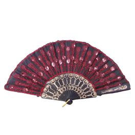 blancho bedding Foldable Raw Silk Printing Folding Fan W-367-SEQUIN-FLOWER-RED-2PC
