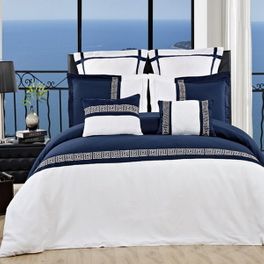 blancho bedding Full/Queen Astrid Navy/White Embroidered 7 Piece Duvet Cover Set