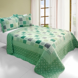 blancho bedding [Green Fields] Cotton 3PC Vermicelli-Quilted Printed Quilt Set (Full/Queen Size)