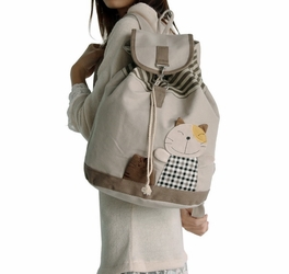 Blancho Bedding [Happy Cat] 100% Cotton Fabric Art School Backpack / Outdoor Backpack