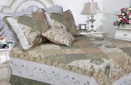 blancho bedding [Laura] 100% Cotton 3PC Floral Vermicelli-Quilted Embroidered Patchwork Quilt Set (King Size)