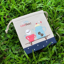 Blancho Bedding [Love Coffee] Embroidered Applique Fabric Art Draw String Bag / Drawstring Pouch (5.7*6.7)