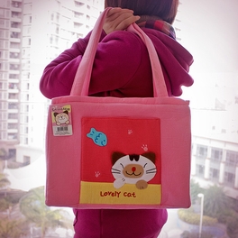 Blancho Bedding [Lovely Cat] Embroidered Applique Fabric Art Shoulder Tote Bag / Shopper Bag (12.2*8.4*4.4)