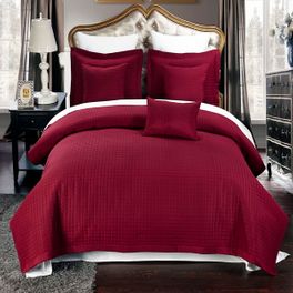 blancho bedding Luxury Burgundy Checkered Quilted Wrinkle Free Microfiber Multi-Piece Coverlets Set Full/Queen 6PC