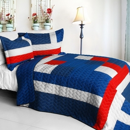 blancho bedding [Navy] Vermicelli-Quilted Patchwork Geometric Quilt Set Full/Queen